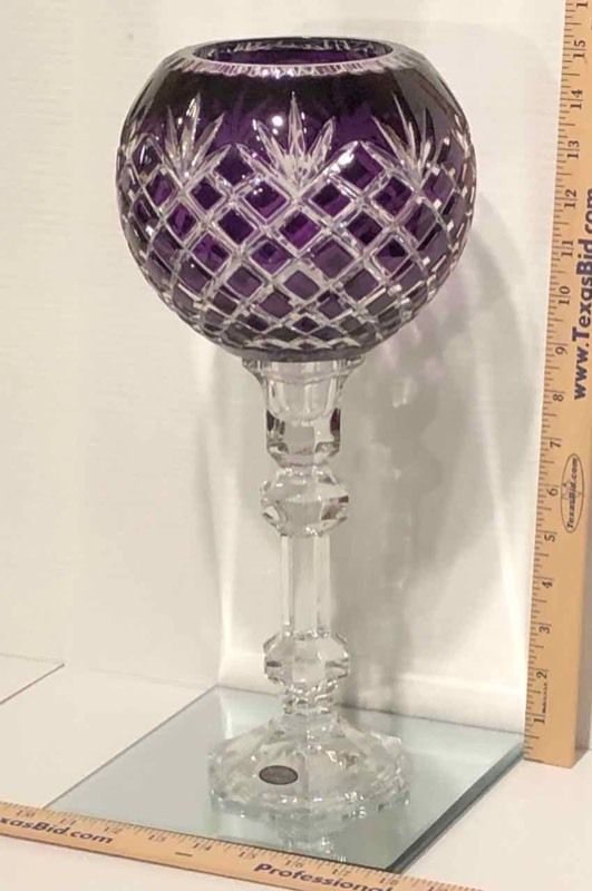 lot 14 image: Ofnah Crystal, Made in Poland  Tall Pedestal Candle Holder (purple)(LR)