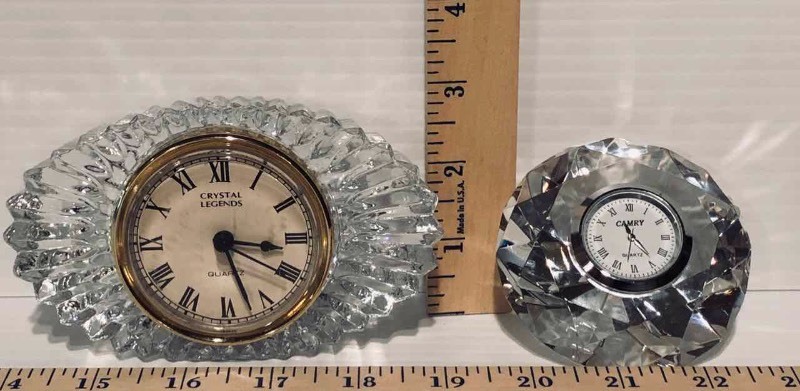 lot 25 image: (2) GlassCrystal Clocks Camry, Crystal Legends by Godinger (LR)