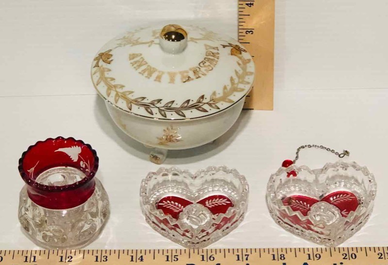 lot 34 image: Red & Clear GlassCrystal Decor and 50th Anniversary Footed Lidded Candy Bowl (LR)