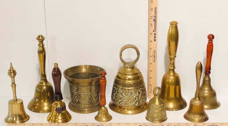 lot 35 image: (9) Brass Bells, (1) Small Heavy Brass Pot (LR)