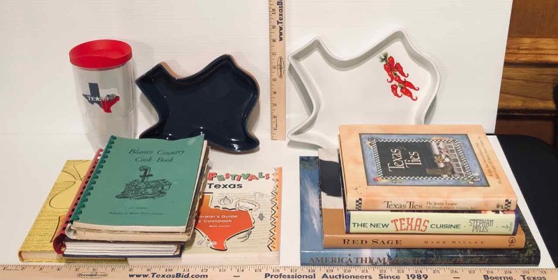 lot 38 image: (2) Frankoma Texas Shaped Stoneware Dishes and Asst. Cookbooks (LR)