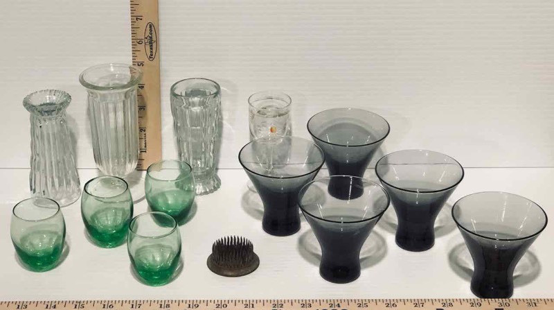 lot 46 image: Mid-CenturyRetro Parfaits, Green Cocktail Glasses, Smokey Low Ball Glasses, Flower Frog (LR)