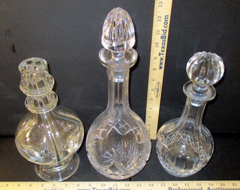 lot 68 image: (3) Decanters (1) Vintage French Style 4-Chambered Divided Clear Glass, (2) Crystal (B2)