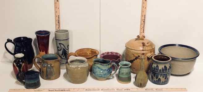 lot 71 image: Hand Thrown Pottery  Bowl, Jar, Mugs, Creamer, Vases, Etc. (LR)