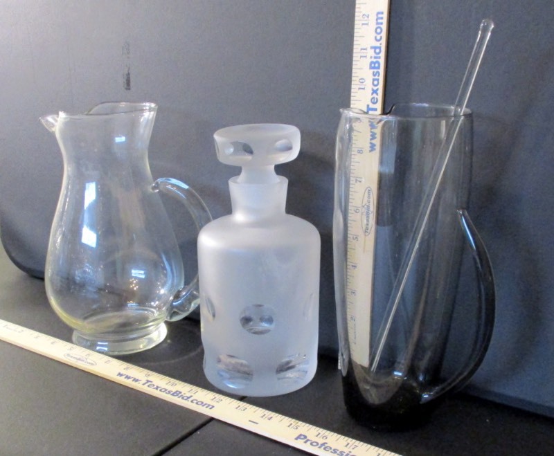 lot 72 image: (2) Vintage Glass Pitchers, (1) Frosted Glass Decanter (B2)