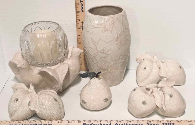 lot 91 image: (6) White Crackle Glaze Finish Fruits, Vase, Candle Holder (LR)
