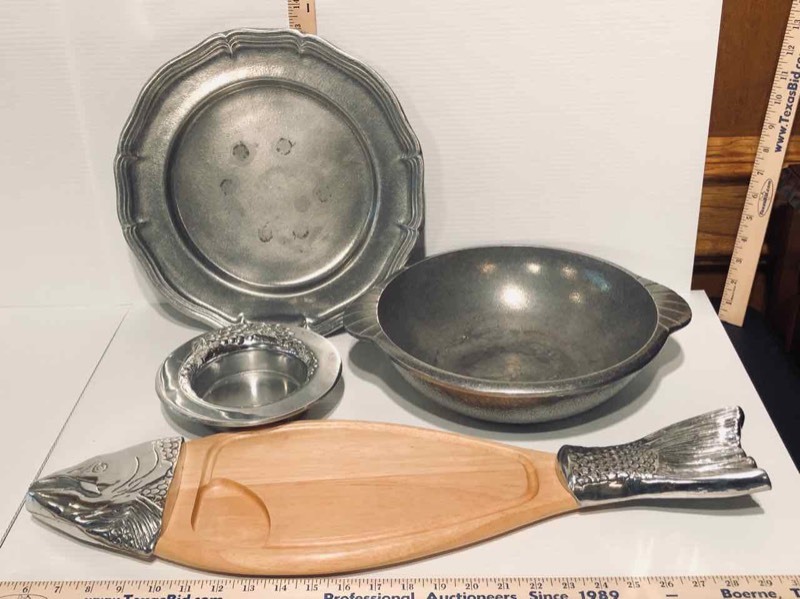 lot 95 image: (4) Pewter Wine Bottler Holder, Fish Carving Board, Bowl, Plate (LR)