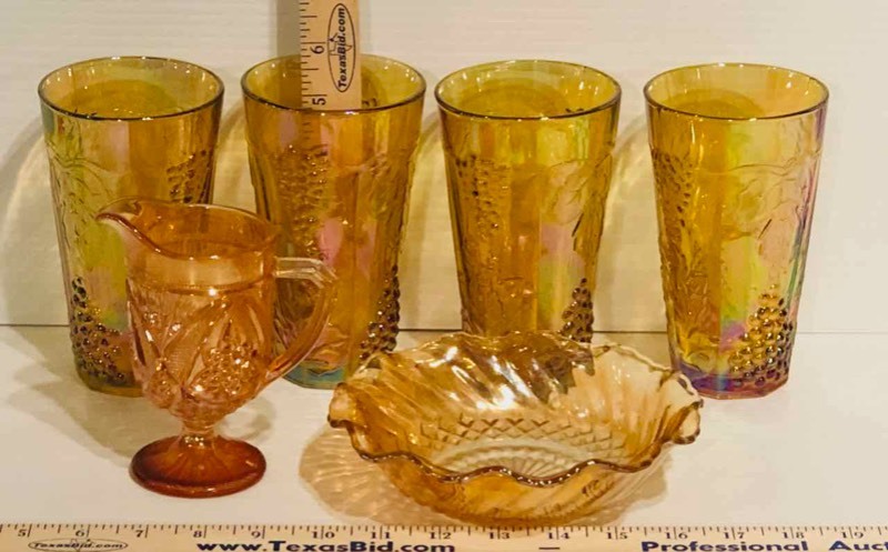 lot 99 image: Amber Colored Glass Tumblers, Bowl and Pitcher (LR)