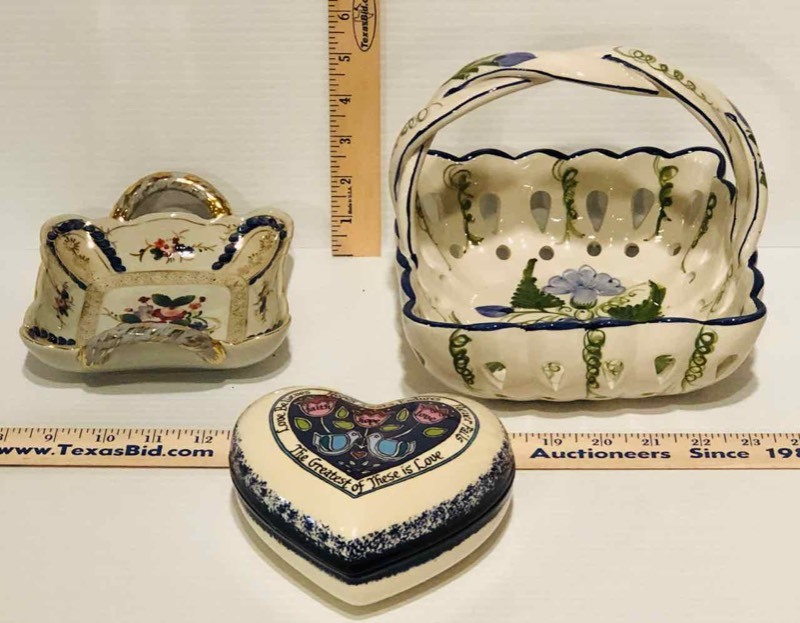 lot 106 image: (3) Ceramic Dresser Top Items Carla Grace, Portugal RCCL, Dominies (LR)