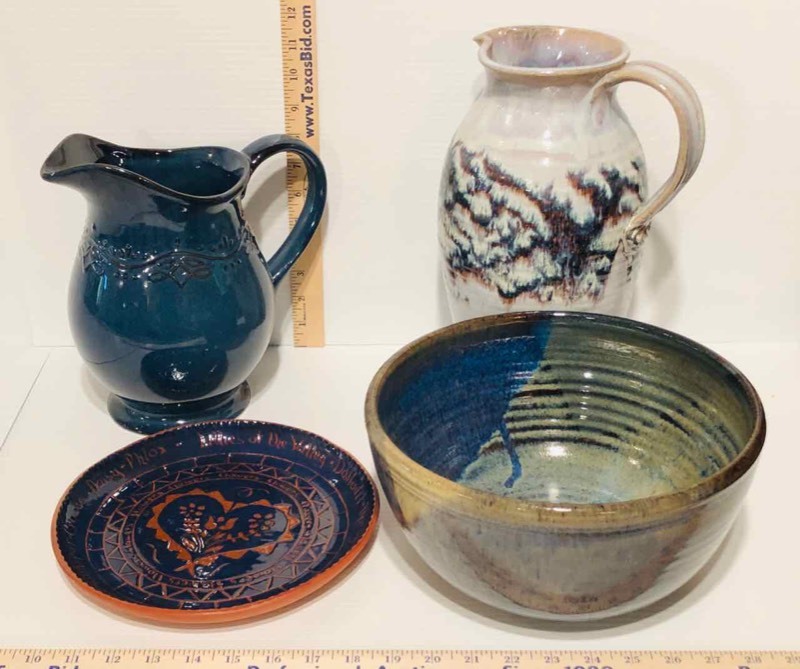 lot 107 image: Hand Thrown Pottery Pitchers, Plate, Bowl (LR)
