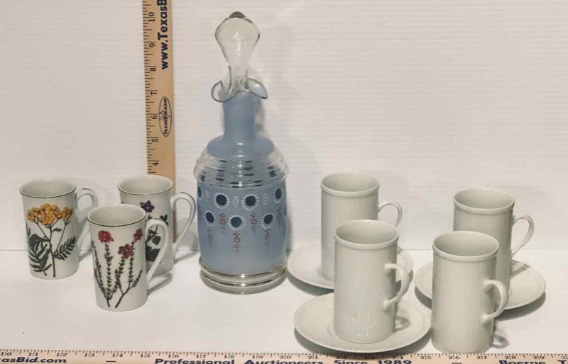 lot 110 image: Vintage Blue Decanter, CoffeeTea Cups (LR)