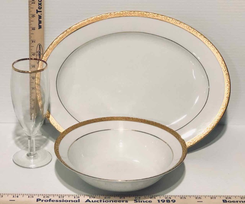 lot 111 image: (3) Gold Trim Platter, Bowl, Glass (LR)