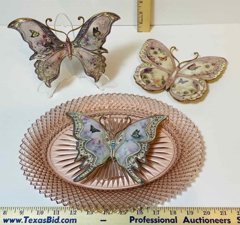 lot 131 image: (3) Lena Liu Butterflies, (1) Pink Glass Platter (LR)