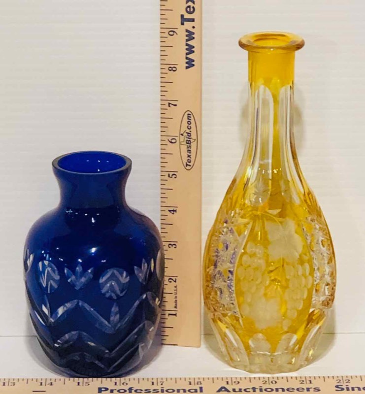 lot 134 image: (2) Czech Vases, Cut to Clear (1 Cobalt, 1 Yellow)(LR)