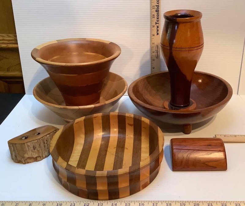 lot 138 image: Turned Wood  Neil Gremillion Frdbg, Texas Vase, Dave Adams Frdbg TX.Card Holder, Mid-Century 1955 Ironwood Hand Made Haiti Tall Vase & Others (LR)