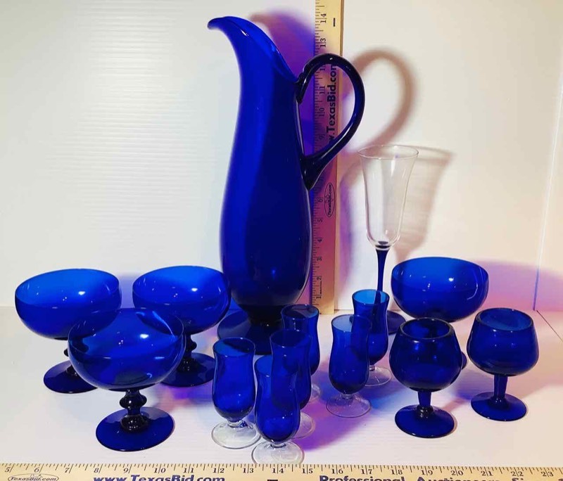 lot 139 image: Mid-Century Cobalt Blue Pitcher & Stemware (LR)