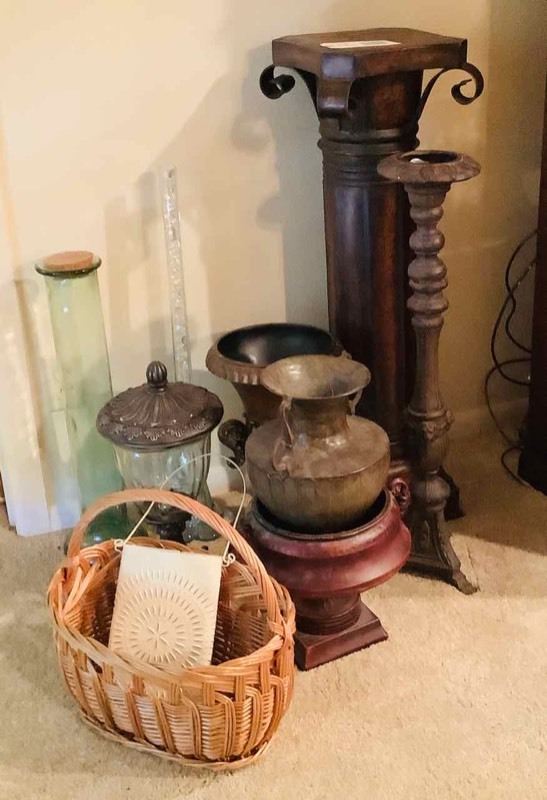 lot 141 image: Pedestal, Candle Stands, Urns, Basket, Etc. (LR)