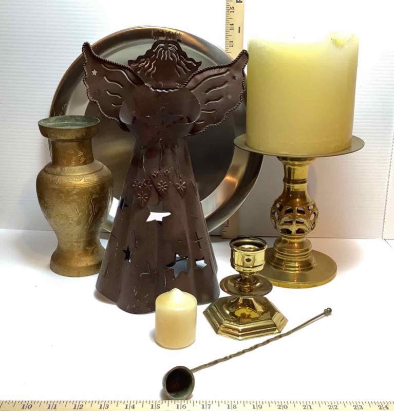 lot 146 image: Candle Stands, Tin Angel, Snuffer, Brass Vase, Etc. (LR)