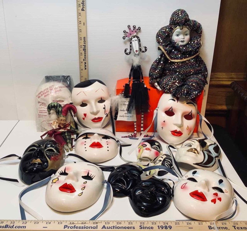 lot 147 image: Ceramic Masquerade Masks, Dolls and Metal Sit-About (LR)