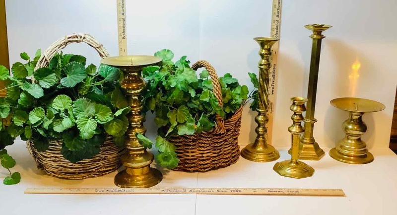 lot 150 image: Brass Candlesticks with Faux Botanicals (LR)