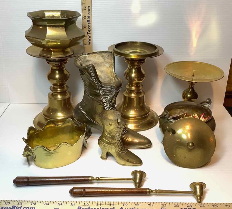 lot 155 image: Brass Candle Stands and Snuffers (LR)