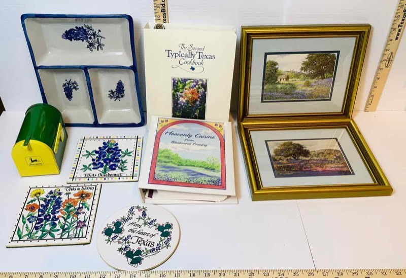 lot 163 image: Texas Bluebonnets Divided Stoneware Dish, Tiles, Framed Prints, & a John Deere Lil Miniature Mail Box (LR)
