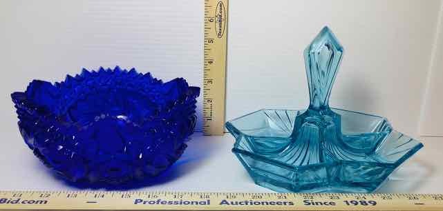lot 175 image: Cobalt Blue Glass Bowl and Light Blue Tidbit (LR)