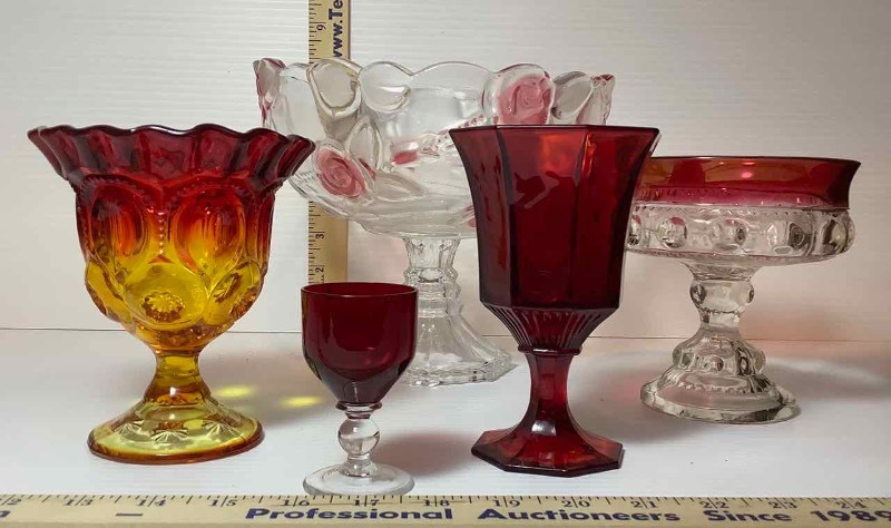 lot 177 image: (5) Red Glassware Goblets, Candy Dishes (LR)