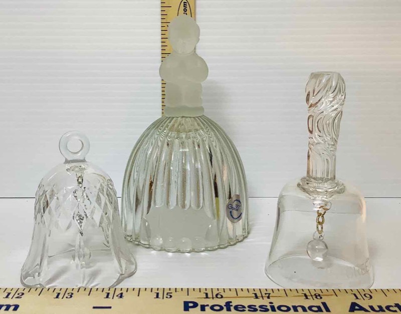 lot 190 image: (3) Handbells 1979 Goebel, Seasons Greetings and Crystal (LR)