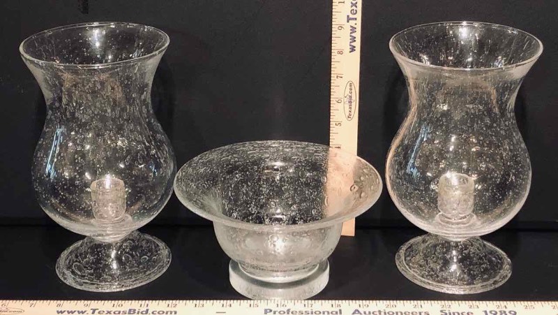 lot 200 image: (3) Bubble Glass  Candleholders, Bowl (LR)