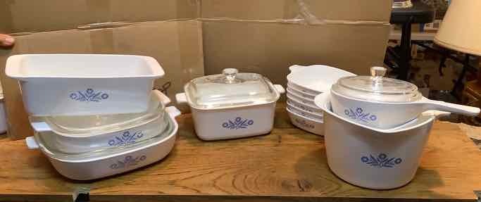 lot 203 image: Corning Ware CasserolesBaking Dishes (blue flower)(DR)