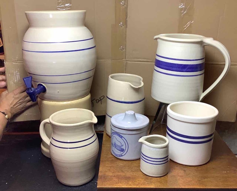 lot 205 image: Blue Striped Stoneware Marshall Pottery Dispenser, Pitcher, Creamer, Etc. (DR)