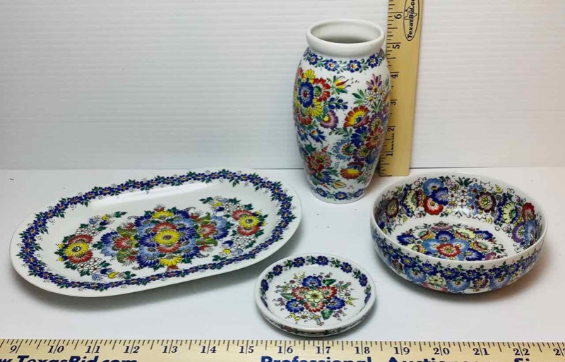 lot 211 image: (4) Trebel Poland Hand Decorated Vase, Bowl, Platter, Trivet (DR)