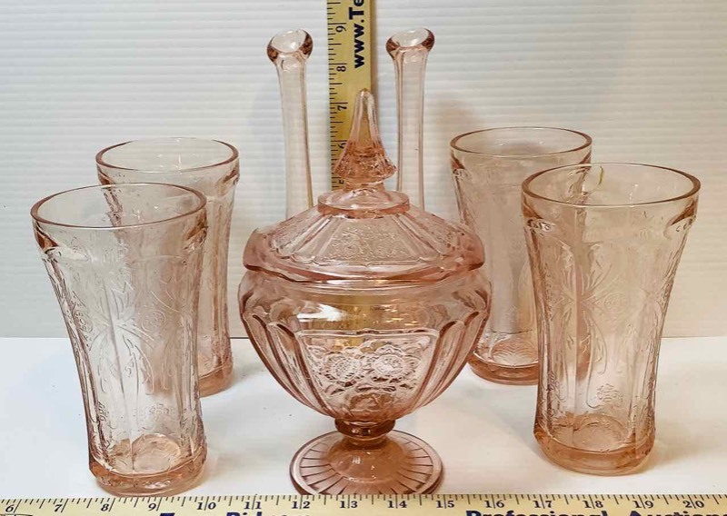 lot 246 image: (7)  Pink Glass Lidded Candy Dish, Glasses, Vases (DR)