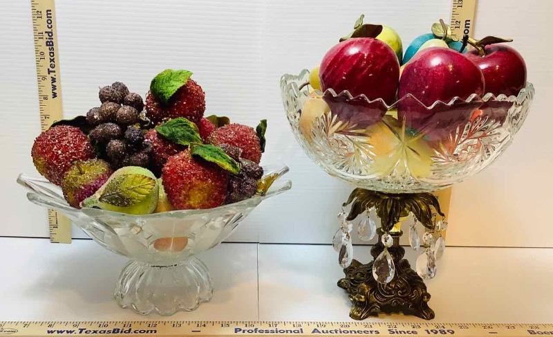 lot 271 image: 2 GlassCrystal Center Piece Bowls with MarbleStone & Plastic Fruit (DR)