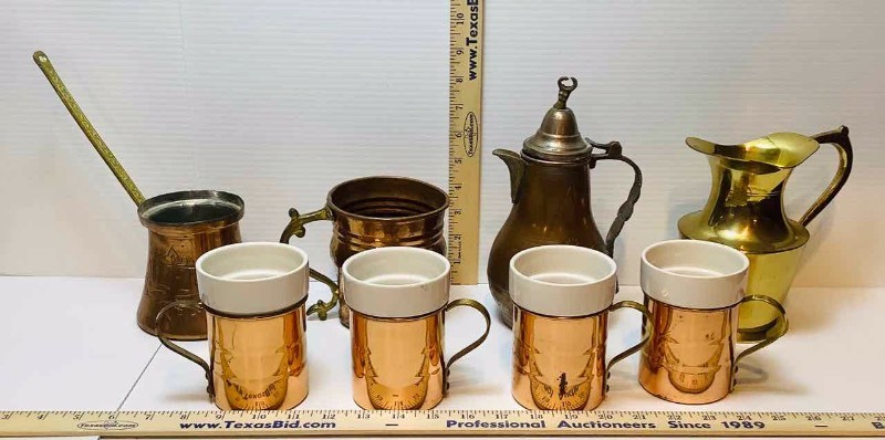 lot 273 image: (8) Brass and Copper Cups, Coffee Pot, Long Handled Melting Cups, Mug (DR)