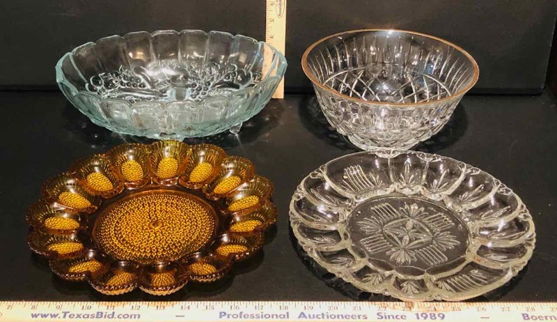 lot 279 image: 2 GlassCrystal Bowls, 2 Glass Deviled Egg Plates (LR)