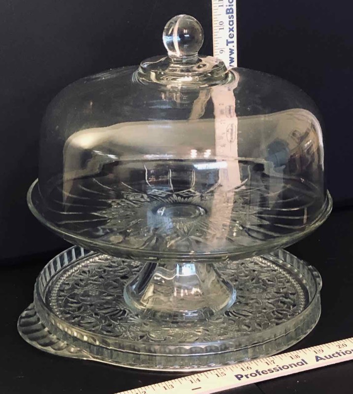 lot 280 image: Glass Pedestal Cake Cover and Plate (LR)