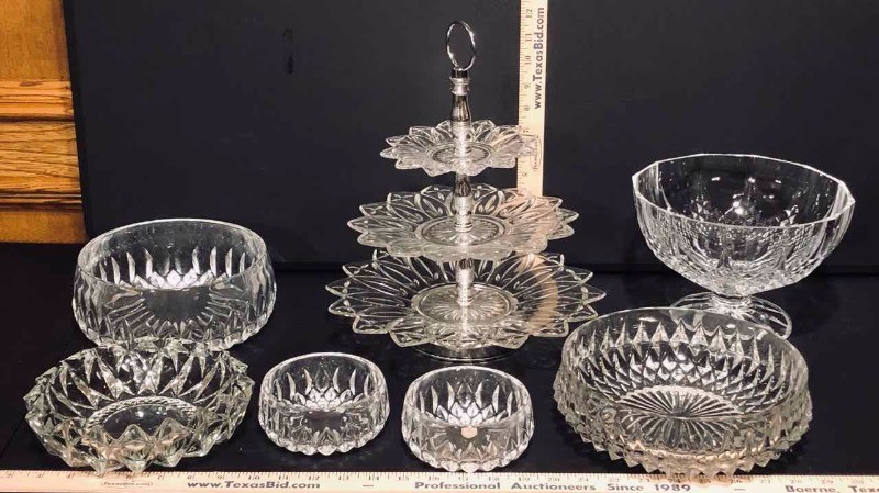 lot 312 image: (7) GlassCrystal Nut Bowls, Tiered Tid-Bit Tray (DR)