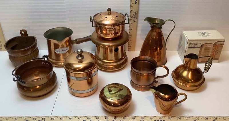 lot 317 image: Brass and Copper  Canister, Pitchers, Long Handled Melting Pot, Bowl, Etc. (DR)