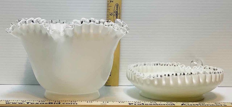 lot 324 image: (2) Ribbon Edged White Glass Bowls (K)