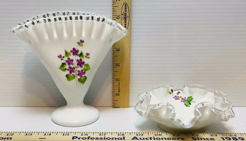 lot 325 image: (2) White Glass Ruffled Edge Fan Shaped Vase & Bowl (violets)(K)
