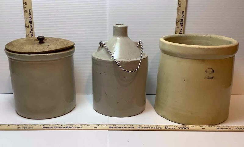 lot 328 image: (3) Stoneware Crocks & Jug (K)