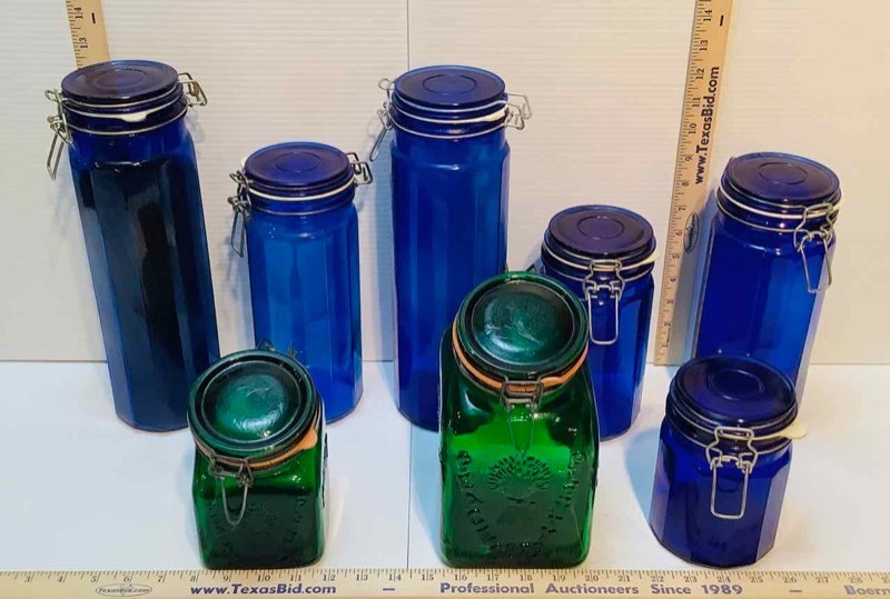lot 346 image: (8) BlueGreen Glass Canisters (K)