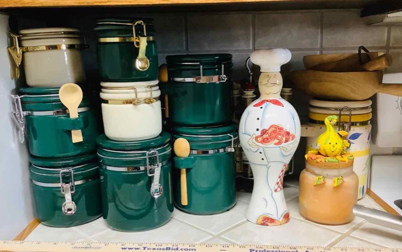 lot 372 image: Green Canisters with Wood Scoops, Chef Decanter (K)
