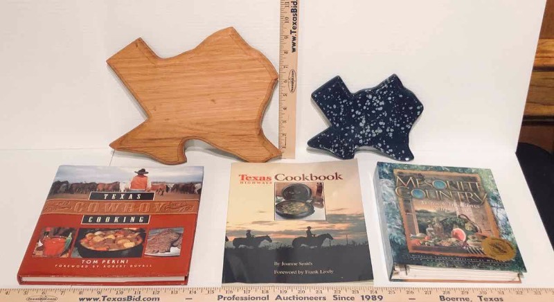 lot 391 image: Texas Lot - Cookbooks, Cutting Board and Trivet (LR)