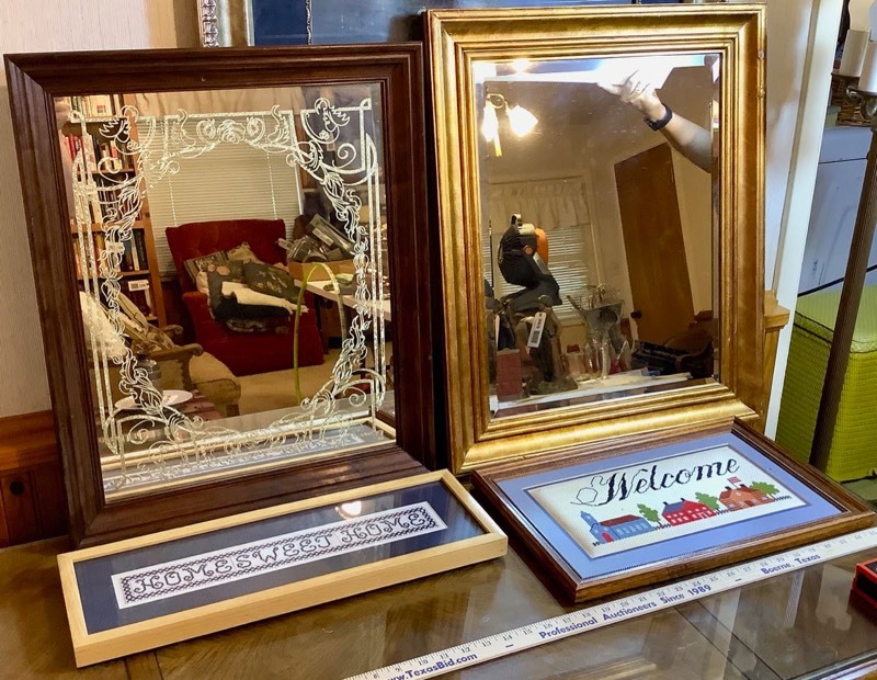 lot 441 image: 2 Framed Mirrors and 2 Framed Stitchwork (ST)