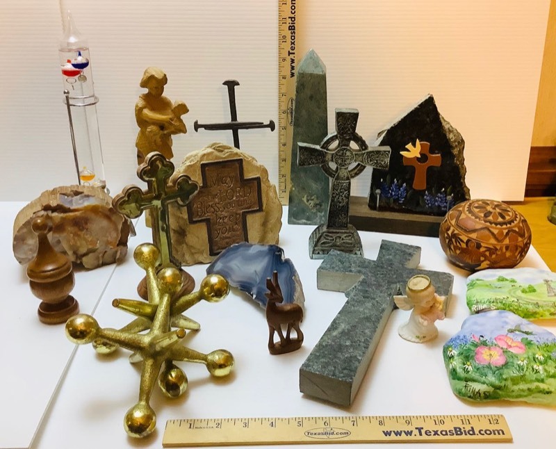 lot 467 image: Galileo Thermometer, Carved Gourd, Painted Rocks, Crosses, Brass Jacks, Etc. (ST)