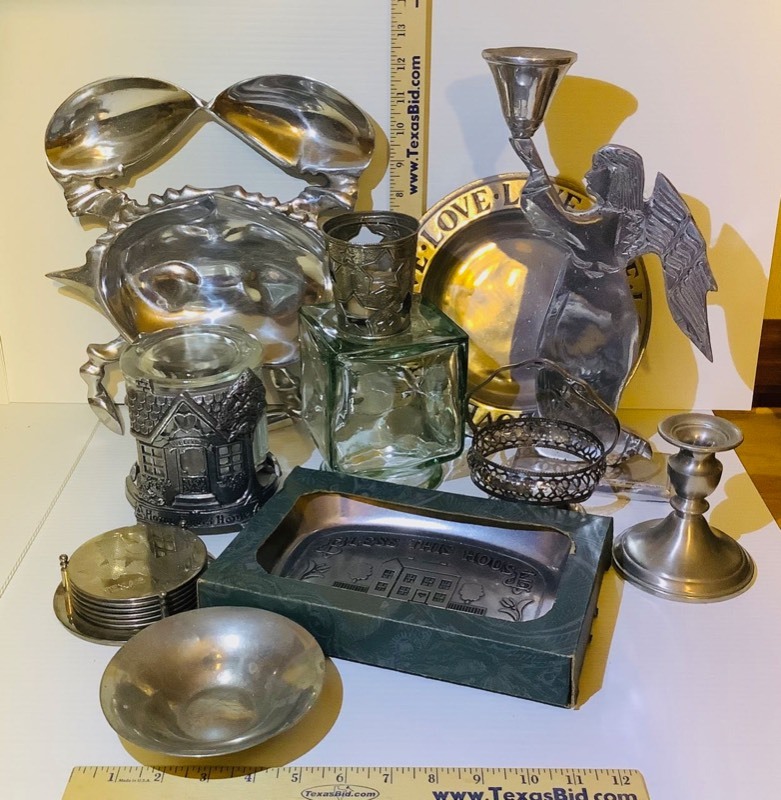 lot 470 image: Pewter Crab Platter, Texas Coasters, Bowl, Candle Sticks, Etc.(ST)