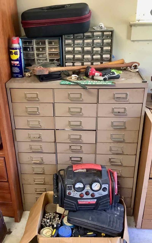 lot 567 image: Vintage Card File Cabinet, Hand Tools, Asst. Hardware, Etc. (G)